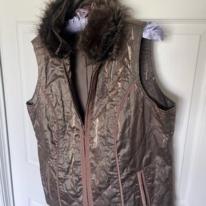 Chico's Metallic Brown Vest with Faux Fur Trim